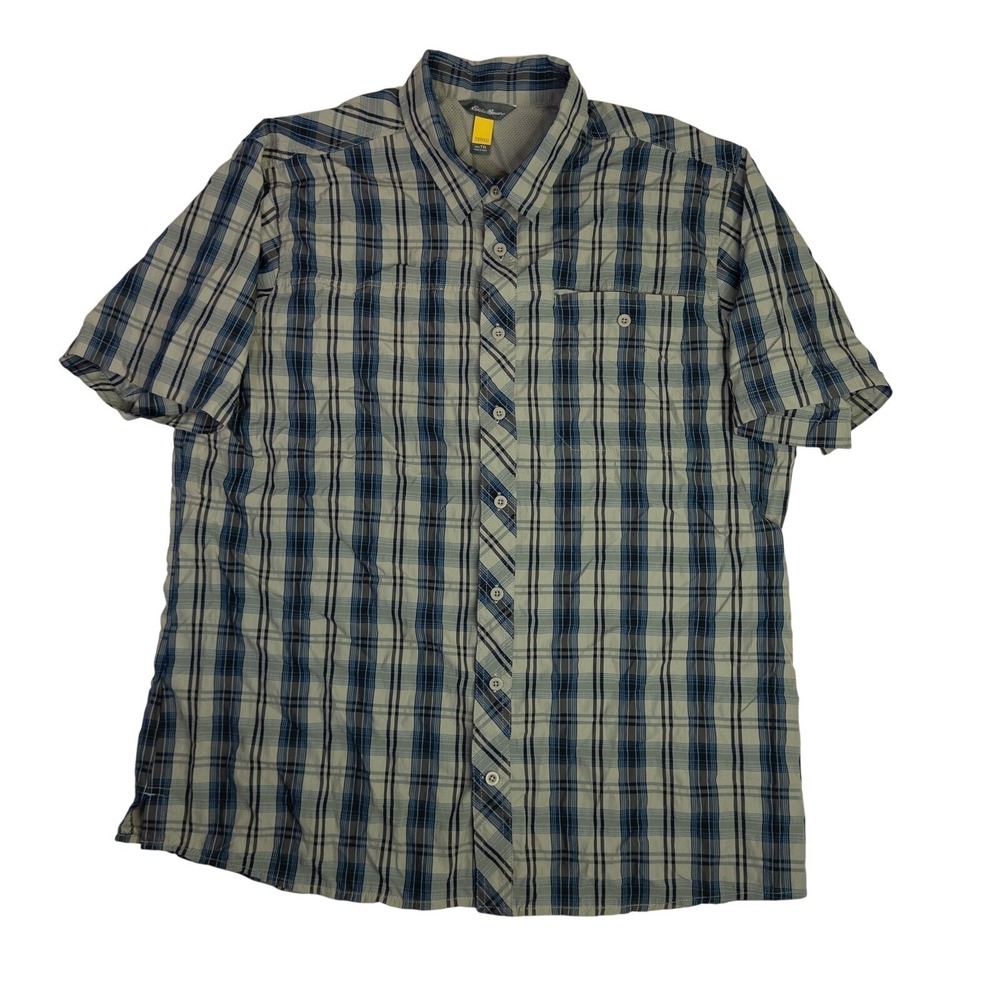 Eddie Bauer Mens Shirt TXL Black Blue Green Plaid Short Sleeve Button Hiking